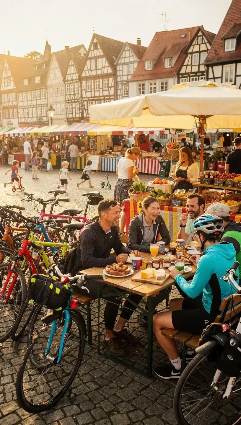 Gruppe von Radfahrern unterschiedlicher Altersgruppen, die eine geführte Radtour durch historische deutsche Städte genießen.